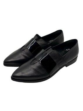 BARNEYS NEW YORK~Black Leather Pointed Toe Loafers Flats w/Patent Strap 38 / 7.5